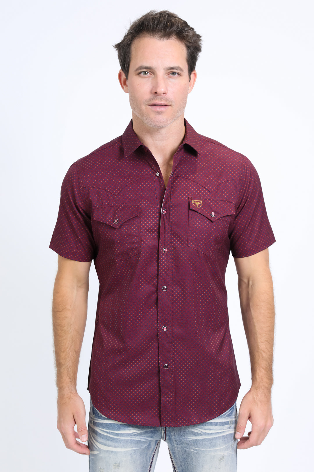 Mens Performance Western Short Sleeve Aztec Print Burgundy Shirt