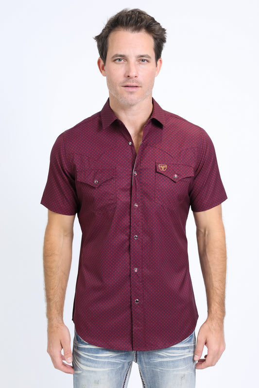 Mens Performance Western Short Sleeve Aztec Print Burgundy Shirt