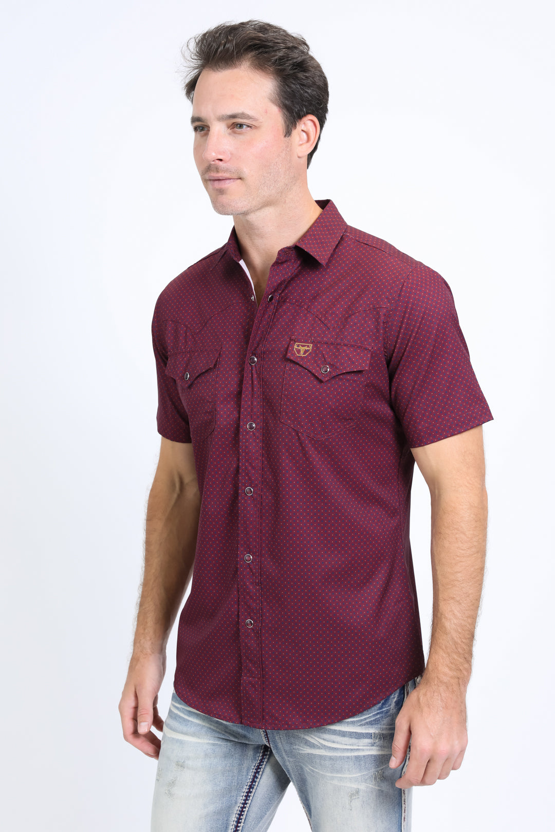 Mens Performance Western Short Sleeve Aztec Print Burgundy Shirt