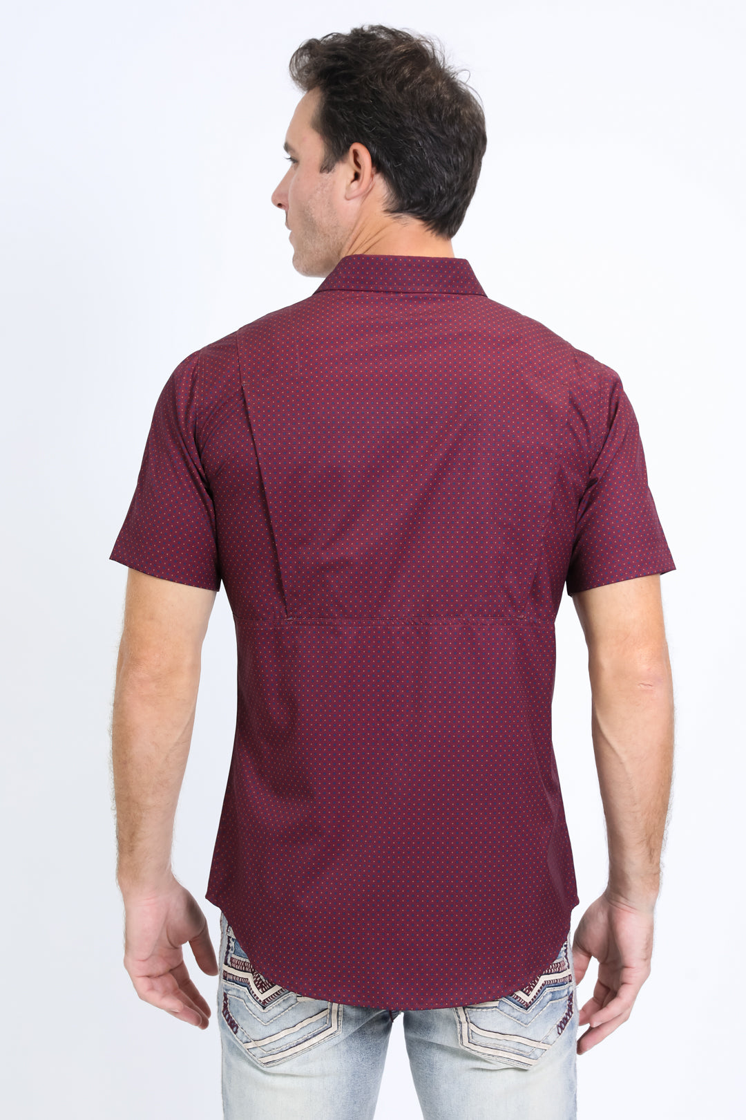 Mens Performance Western Short Sleeve Aztec Print Burgundy Shirt