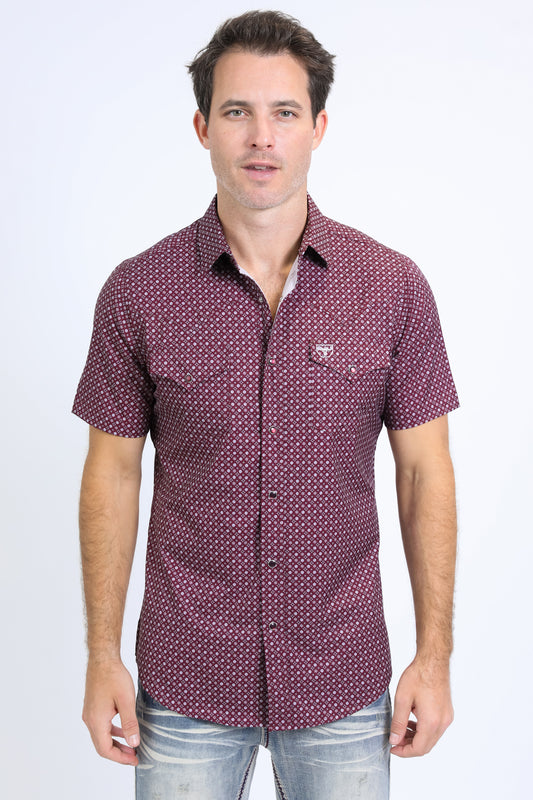 Mens Performance Western Short Sleeve Aztec Print Burgundy Shirt