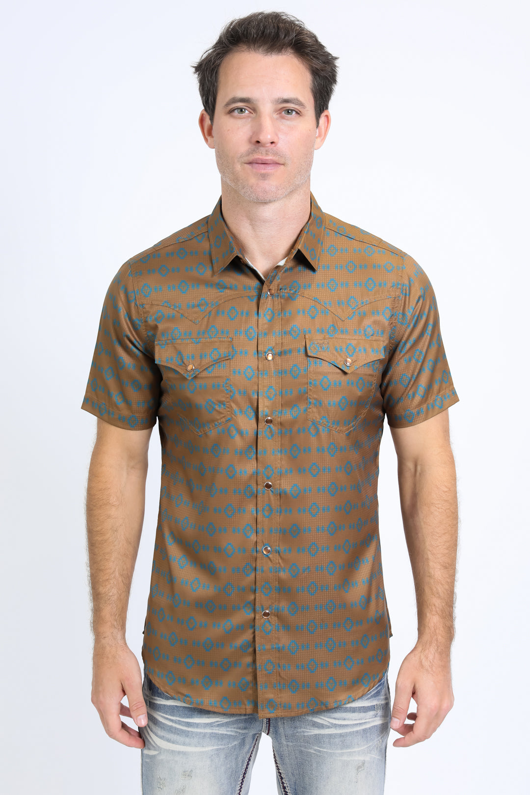 Mens Performance Western Short Sleeve Aztec Print Camel Shirt