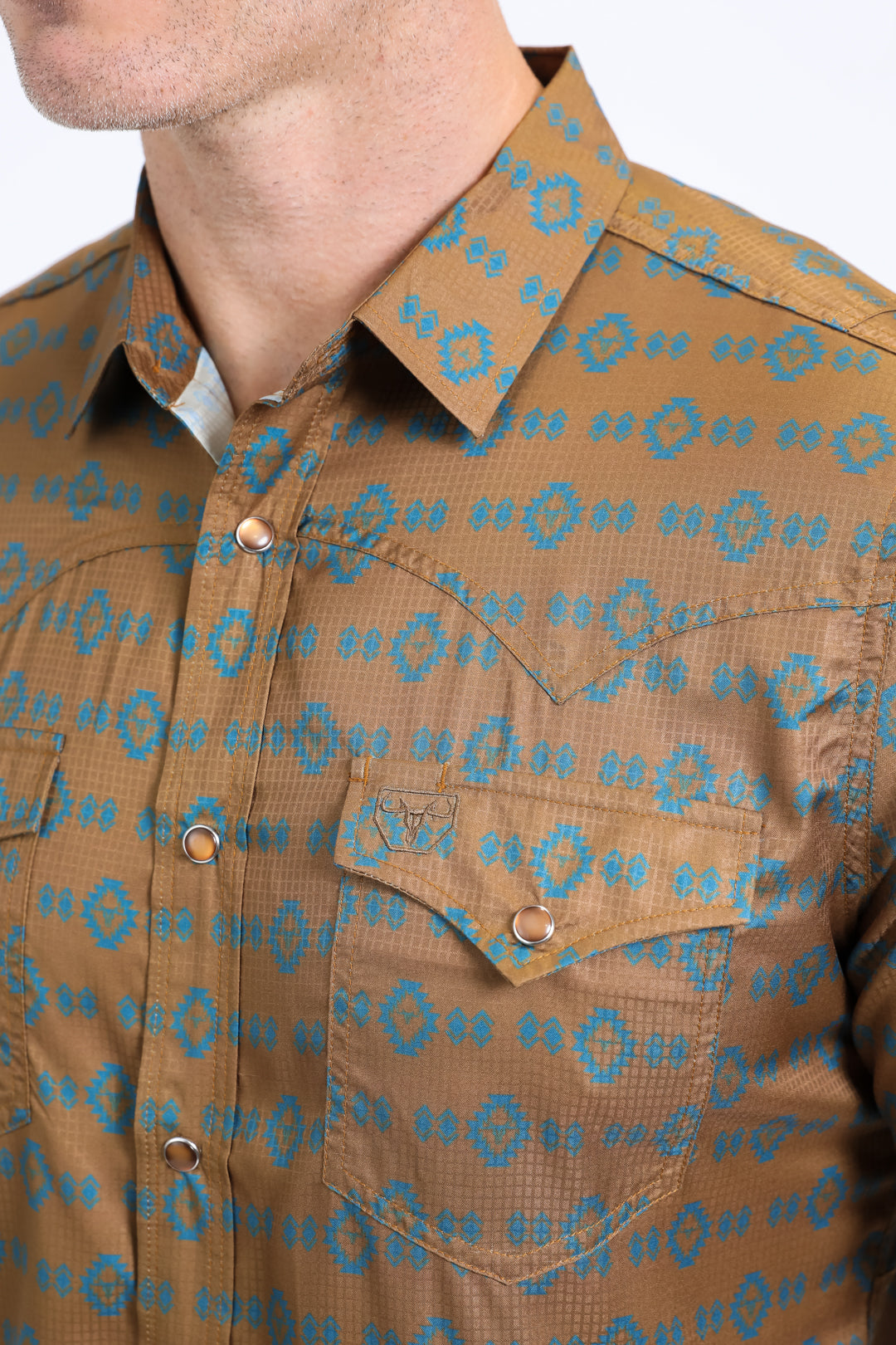 Mens Performance Western Short Sleeve Aztec Print Camel Shirt