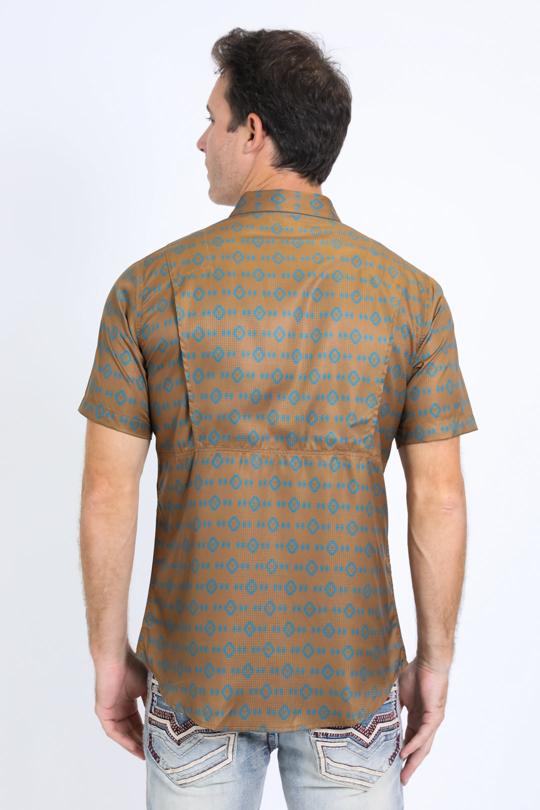 Mens Performance Western Short Sleeve Aztec Print Camel Shirt