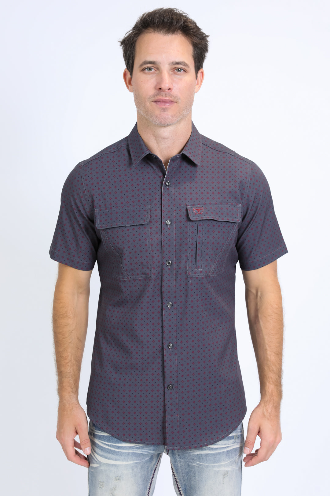 Mens Performance Western Short Sleeve Aztec Print Charcoal Shirt