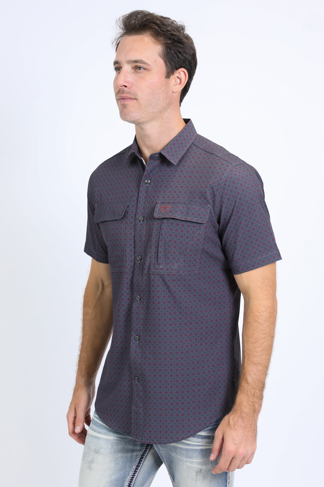 Mens Performance Western Short Sleeve Aztec Print Charcoal Shirt