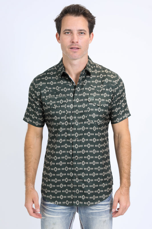 Mens Performance Western Short Sleeve Aztec Print Green Shirt