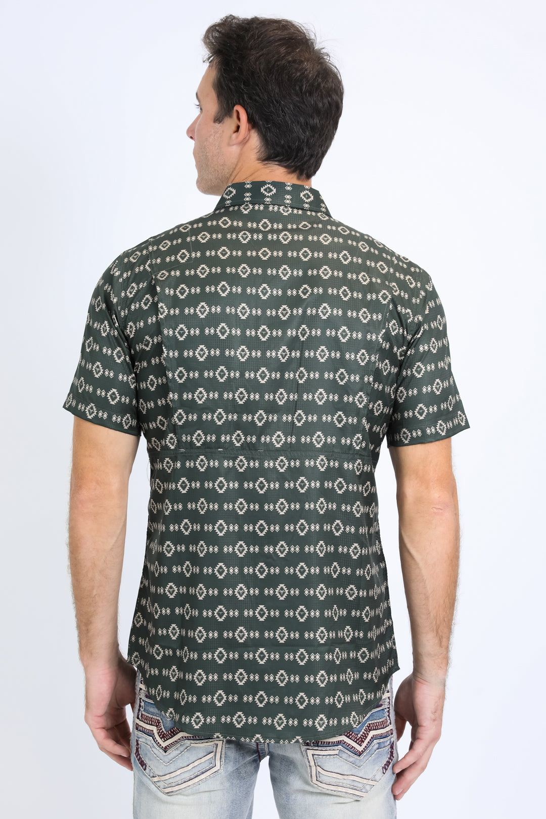 Mens Performance Western Short Sleeve Aztec Print Green Shirt