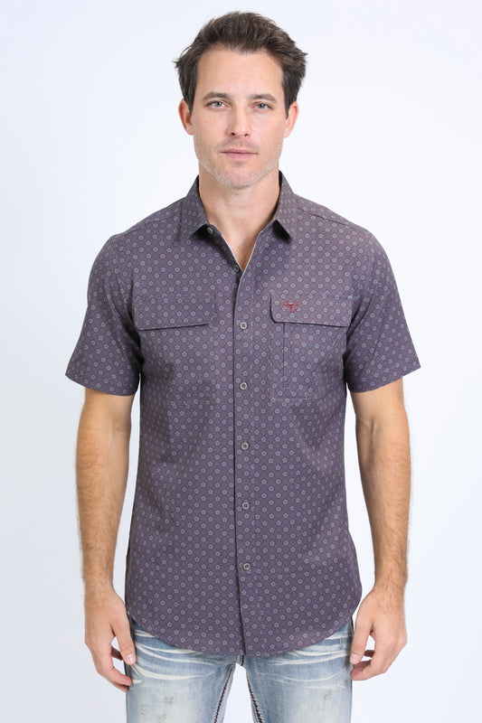 Mens Performance Western Short Sleeve Aztec Print Grey Shirt