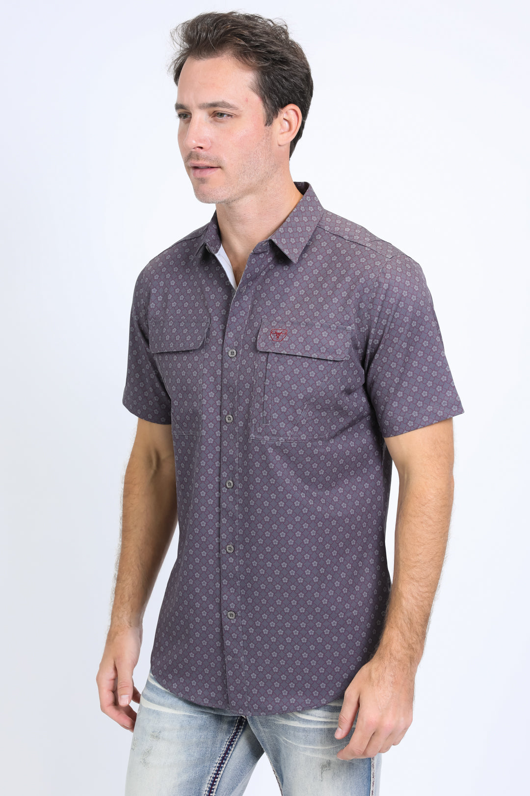 Mens Performance Western Short Sleeve Aztec Print Grey Shirt