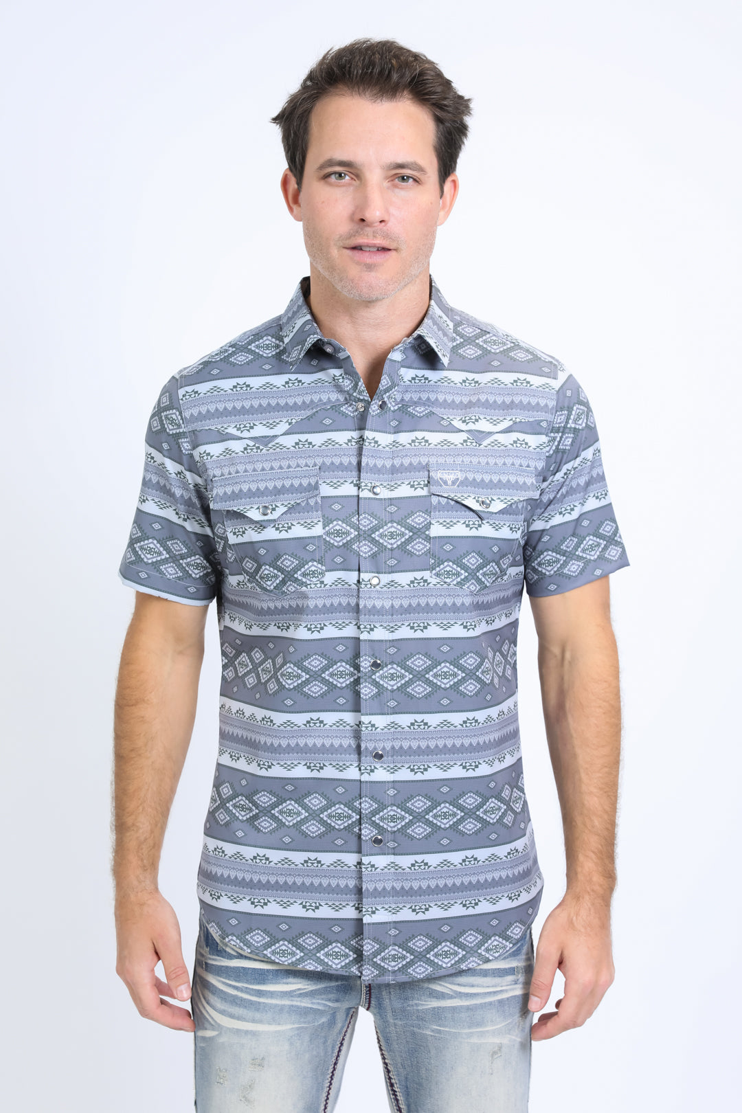 Mens Performance Western Short Sleeve Aztec Print Grey Shirt