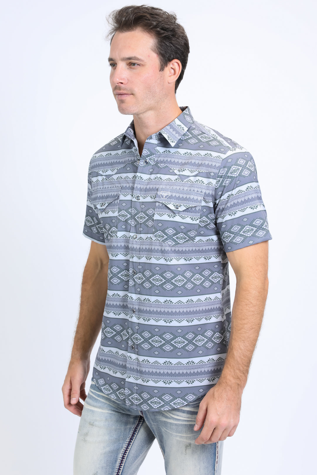 Mens Performance Western Short Sleeve Aztec Print Grey Shirt