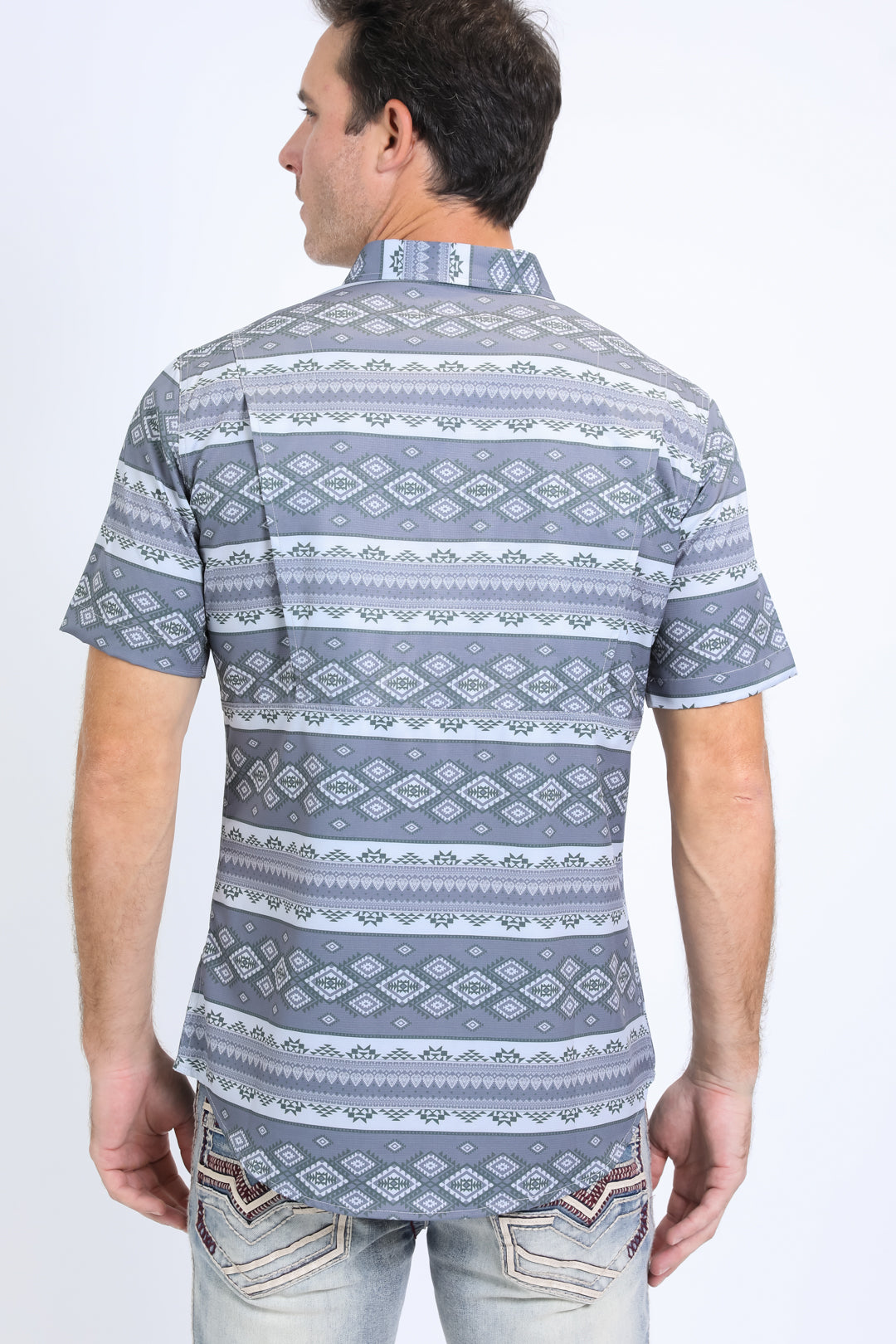 Mens Performance Western Short Sleeve Aztec Print Grey Shirt