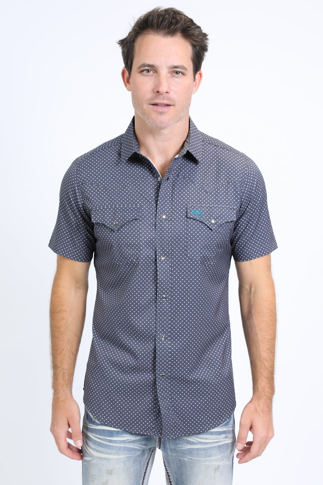 Mens Performance Western Short Sleeve Aztec Print Grey Shirt