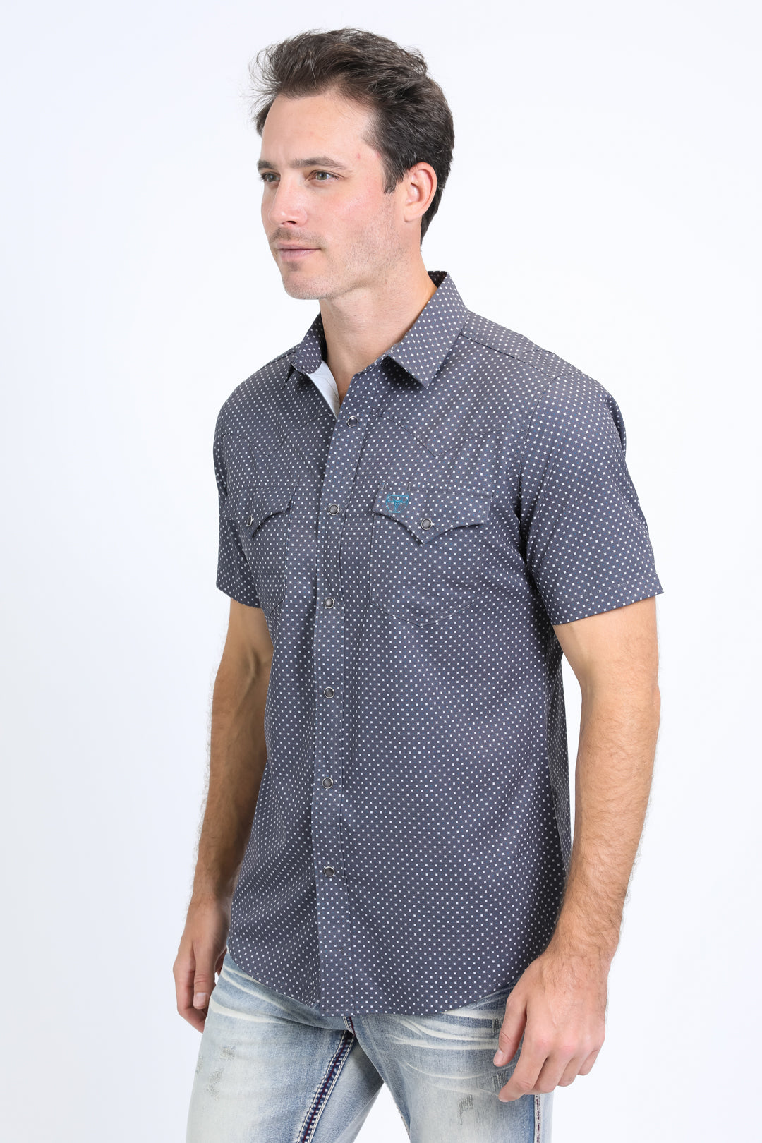 Mens Performance Western Short Sleeve Aztec Print Grey Shirt