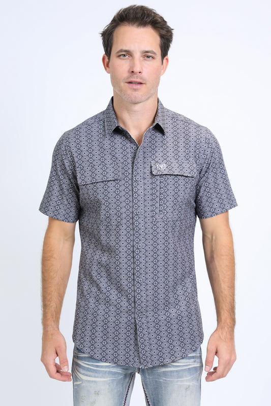 Mens Performance Western Short Sleeve Aztec Print Grey Shirt