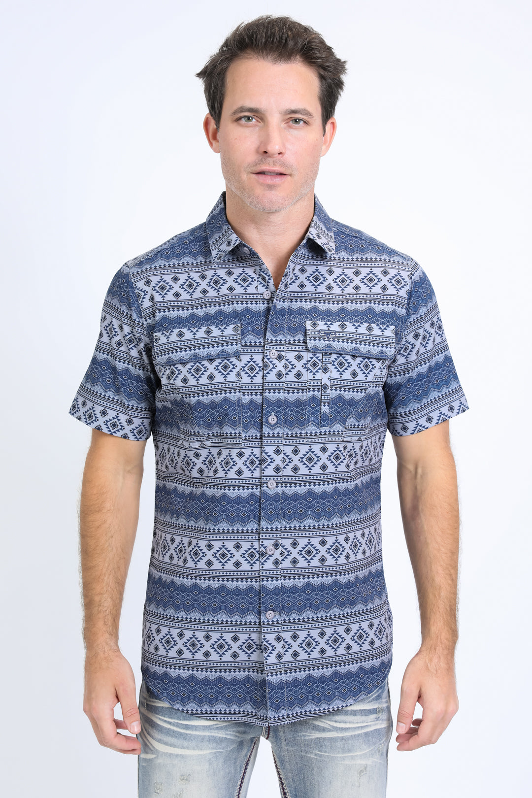 Mens Performance Western Short Sleeve Aztec Print Grey Shirt