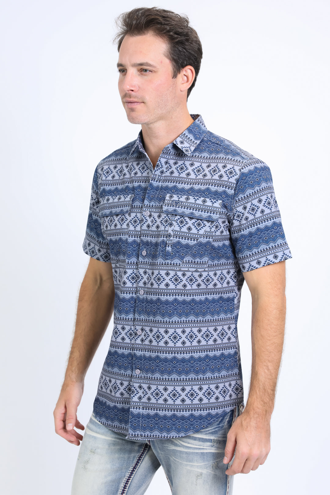 Mens Performance Western Short Sleeve Aztec Print Grey Shirt