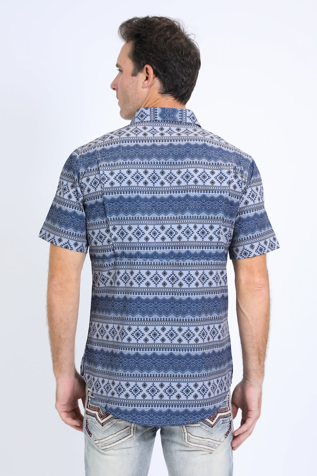 Mens Performance Western Short Sleeve Aztec Print Grey Shirt