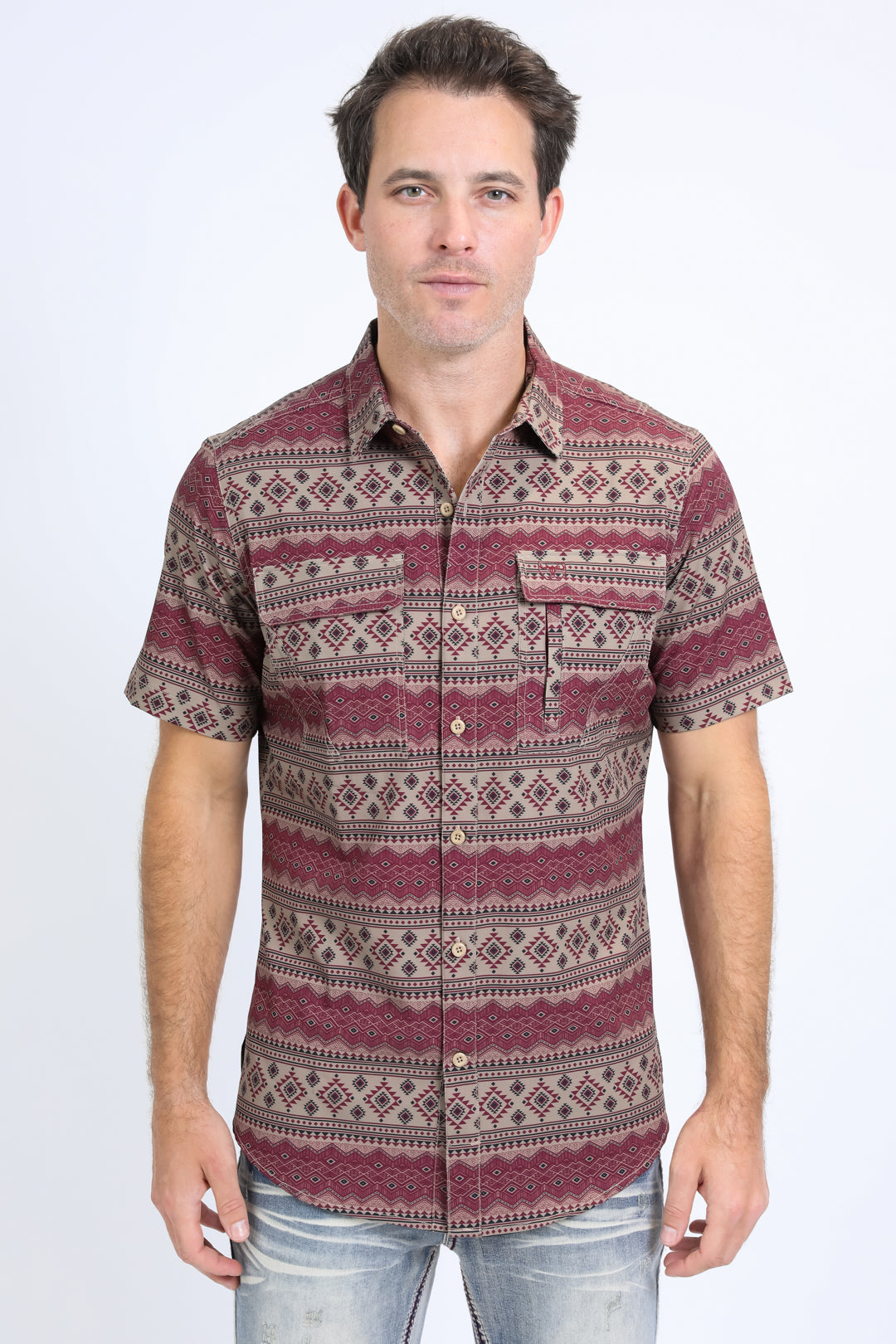 Mens Performance Western Short Sleeve Aztec Print Khaki Shirt