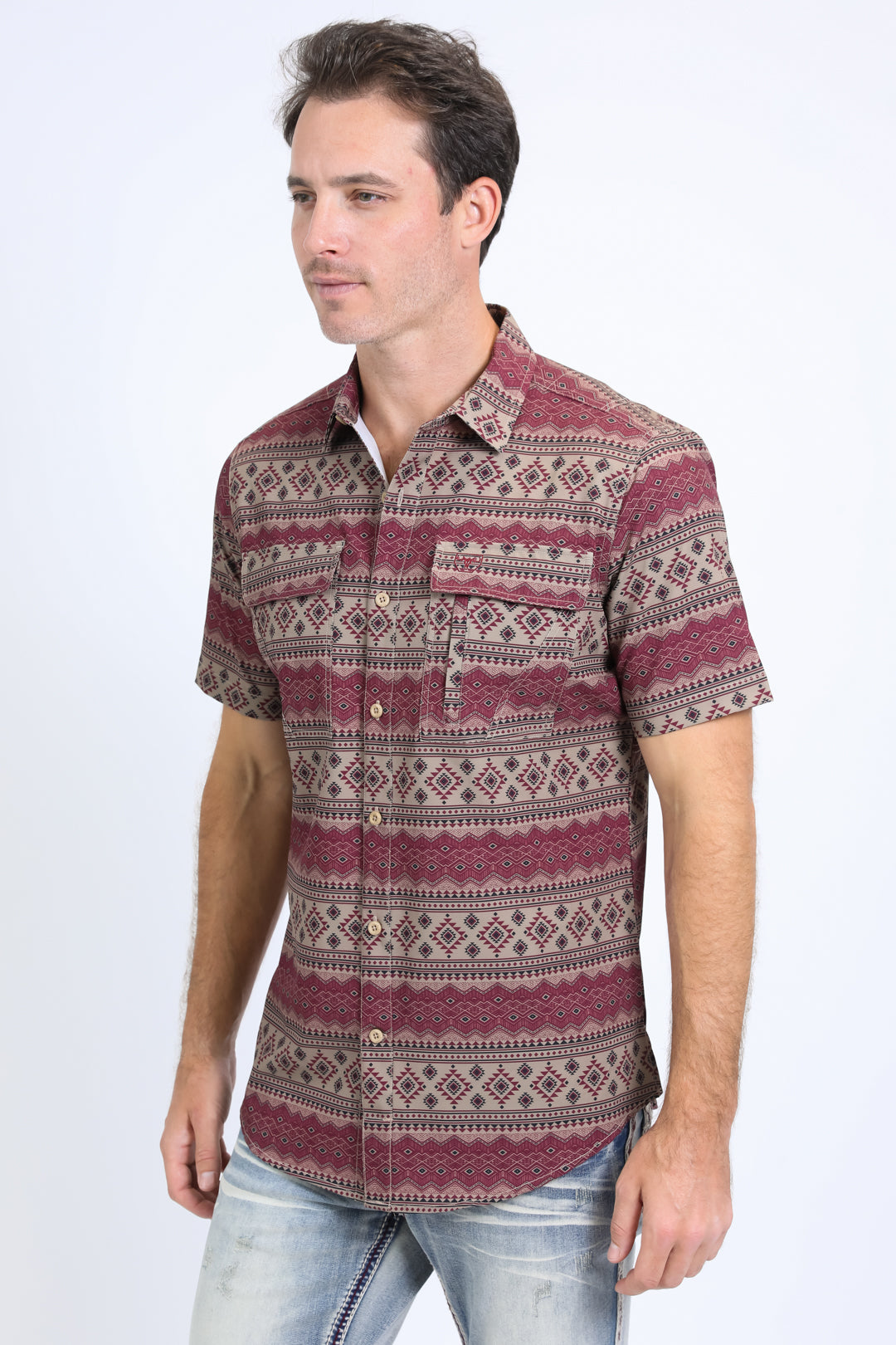 Mens Performance Western Short Sleeve Aztec Print Khaki Shirt