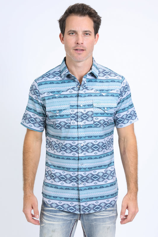 Mens Performance Western Short Sleeve Aztec Print Lt. Grey Shirt