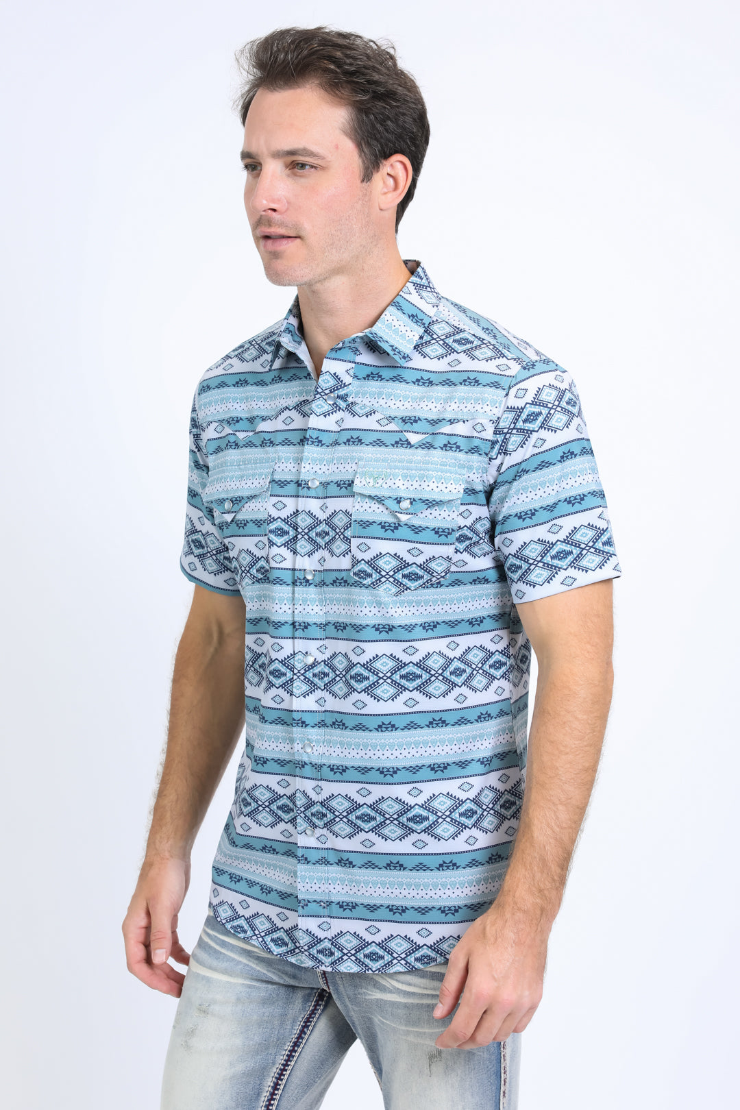 Mens Performance Western Short Sleeve Aztec Print Lt. Grey Shirt