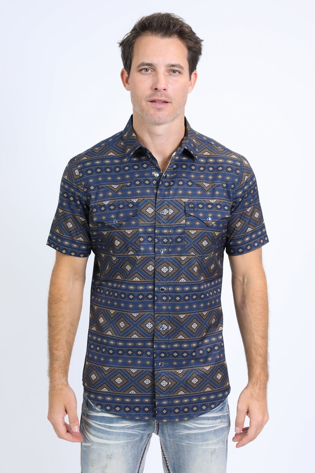 Mens Performance Western Short Sleeve Aztec Print Navy Shirt