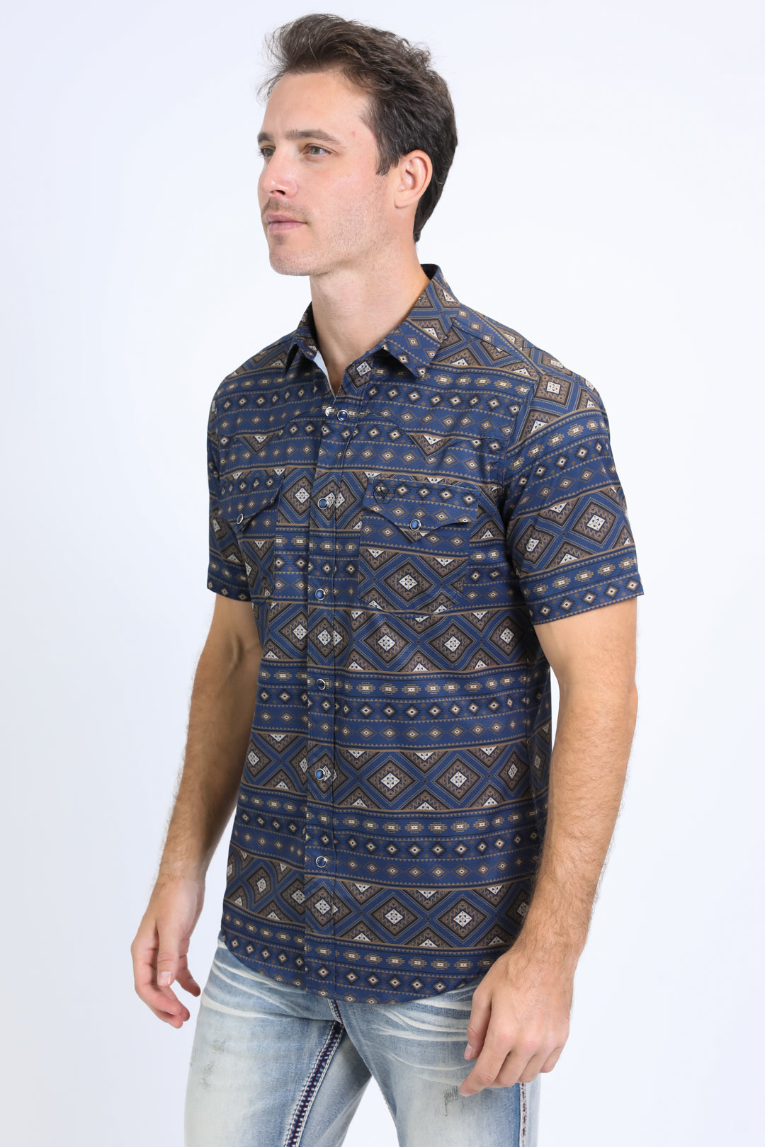 Mens Performance Western Short Sleeve Aztec Print Navy Shirt