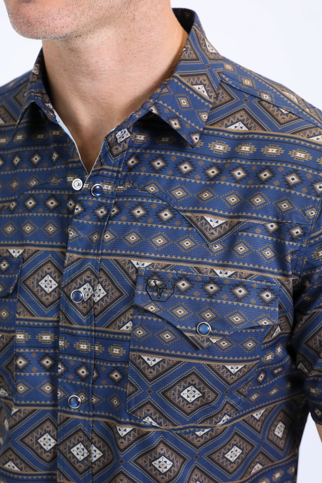 Mens Performance Western Short Sleeve Aztec Print Navy Shirt