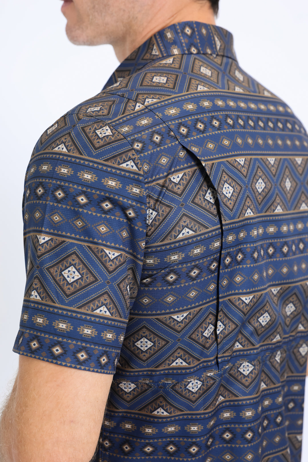 Mens Performance Western Short Sleeve Aztec Print Navy Shirt