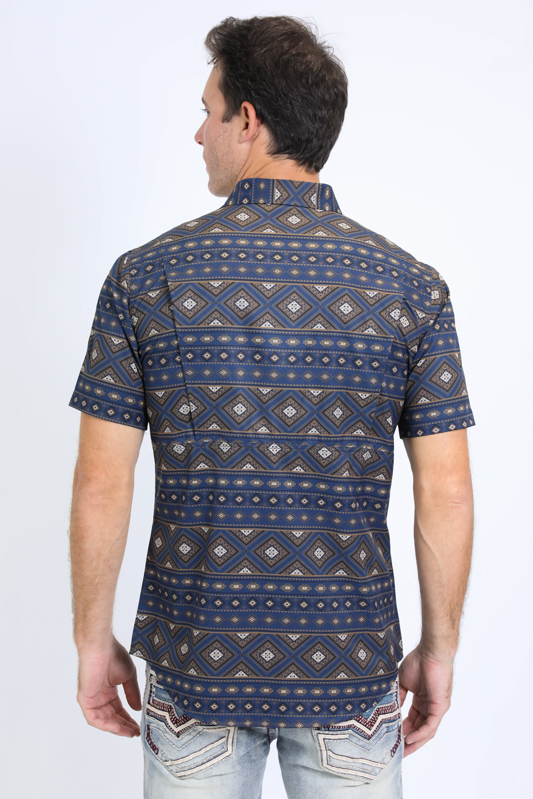 Mens Performance Western Short Sleeve Aztec Print Navy Shirt