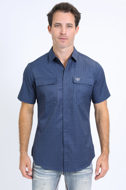 Mens Performance Western Short Sleeve Aztec Print Navy Shirt