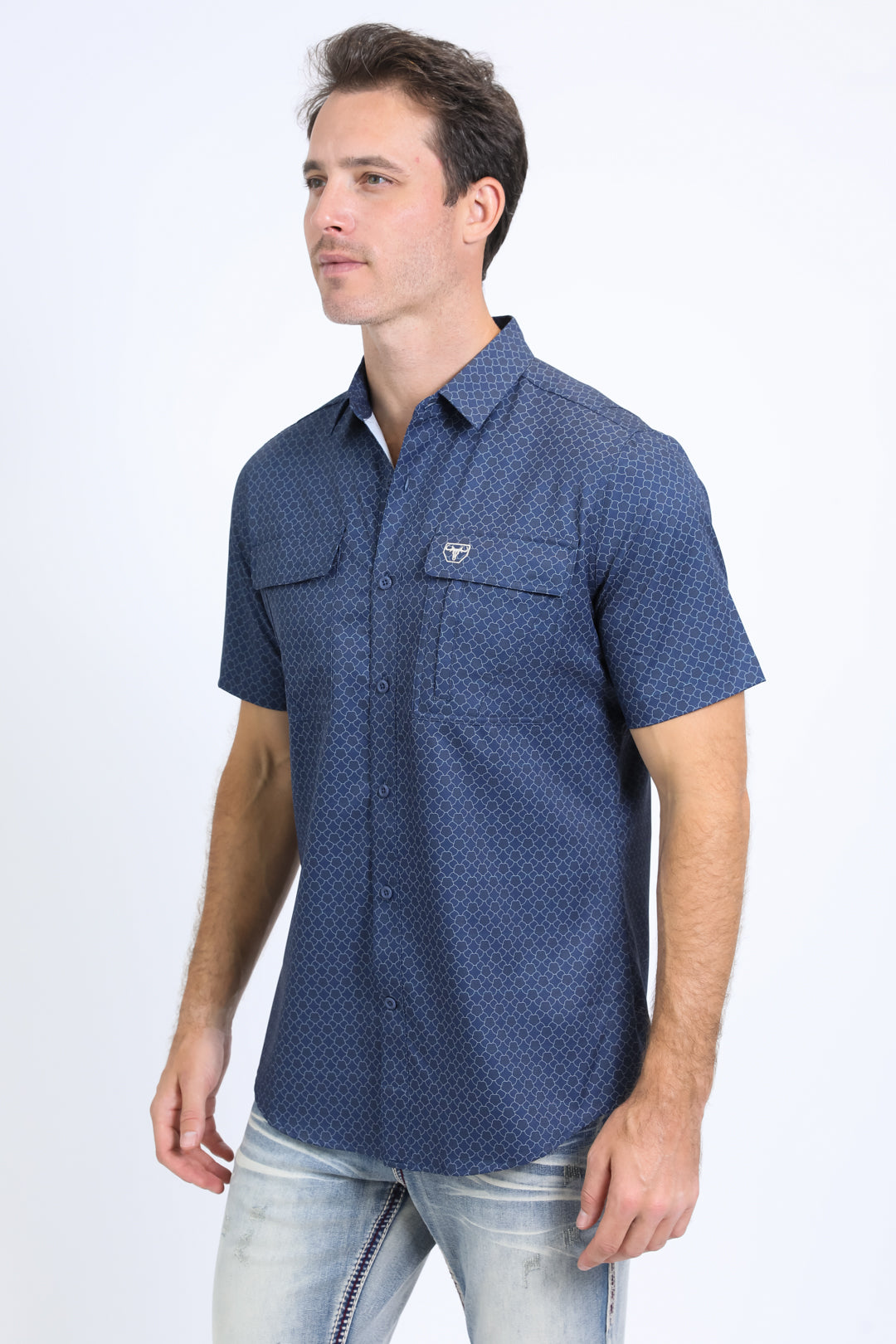 Mens Performance Western Short Sleeve Aztec Print Navy Shirt