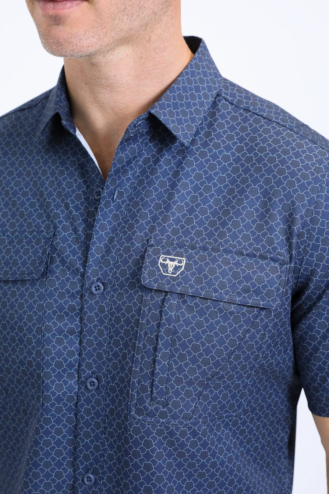 Mens Performance Western Short Sleeve Aztec Print Navy Shirt