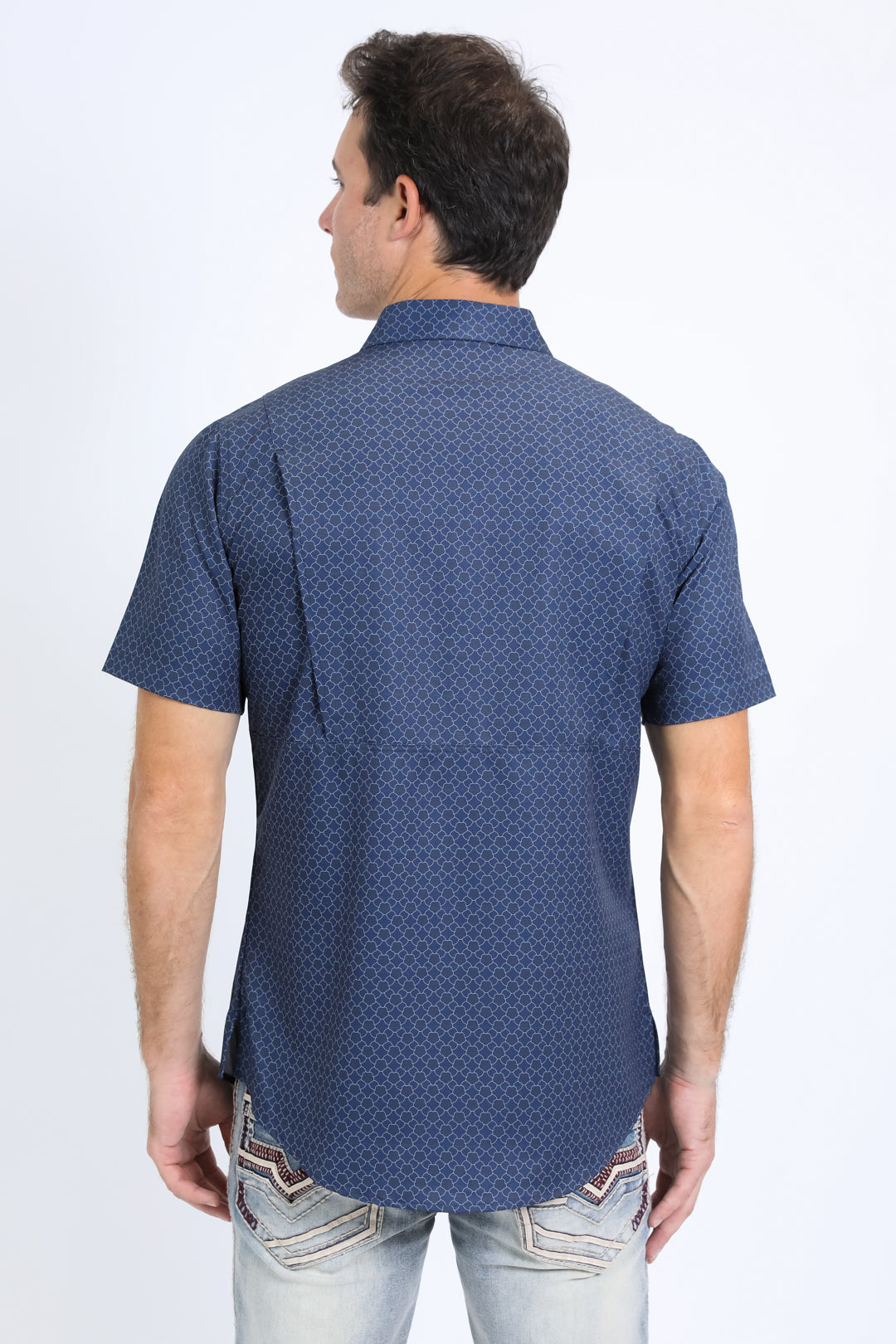 Mens Performance Western Short Sleeve Aztec Print Navy Shirt