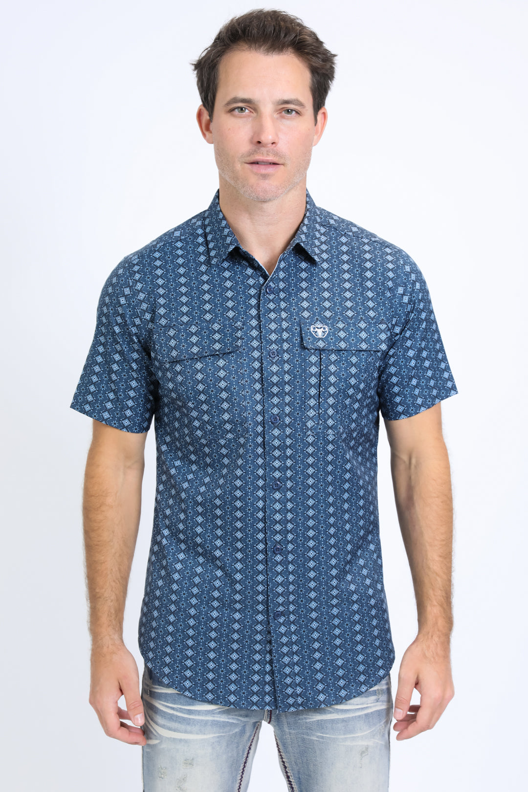 Mens Performance Western Short Sleeve Aztec Print Navy Shirt