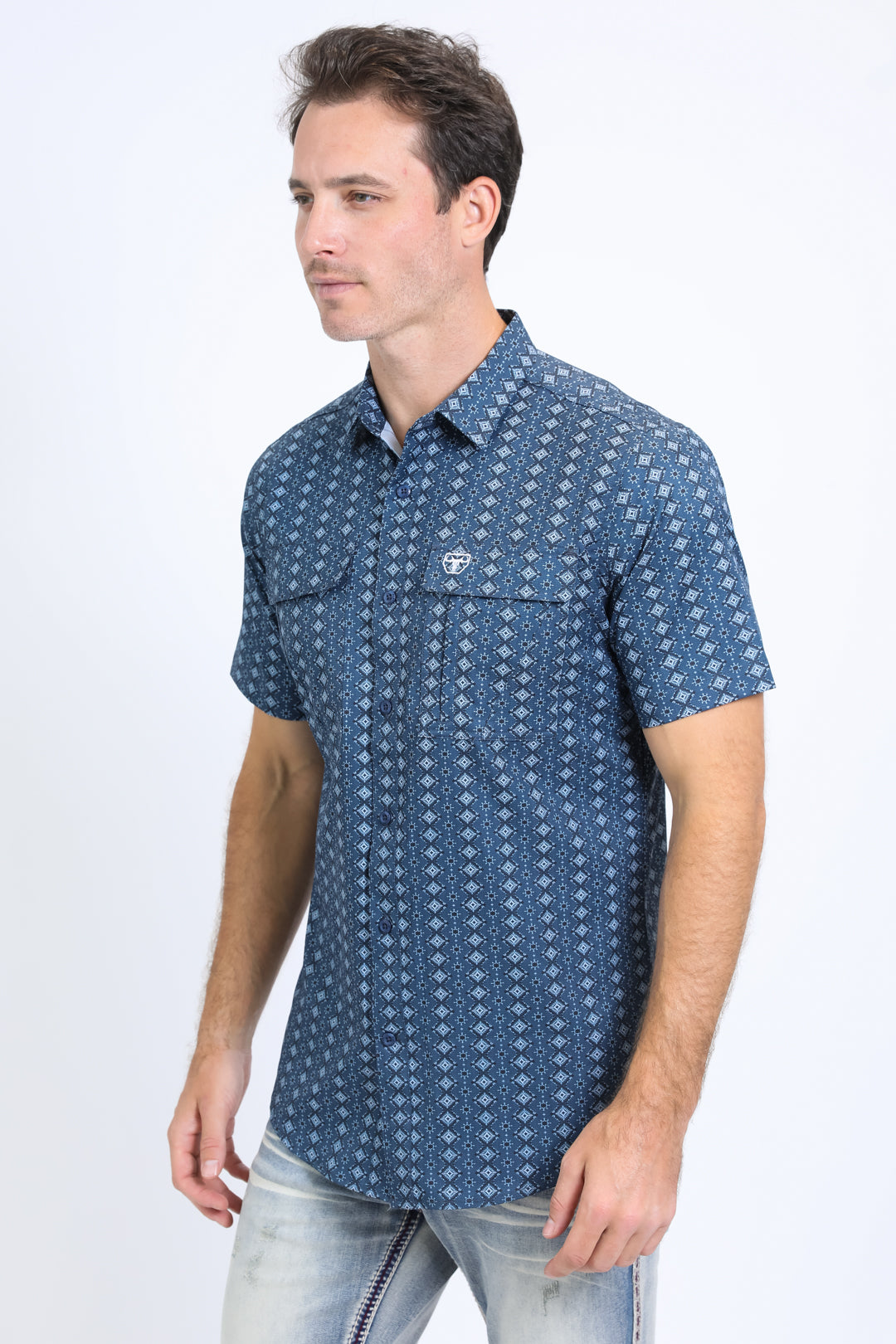 Mens Performance Western Short Sleeve Aztec Print Navy Shirt