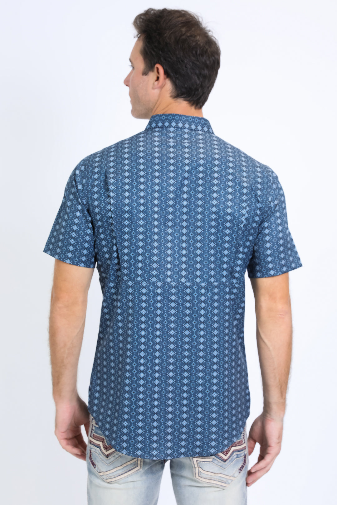 Mens Performance Western Short Sleeve Aztec Print Navy Shirt