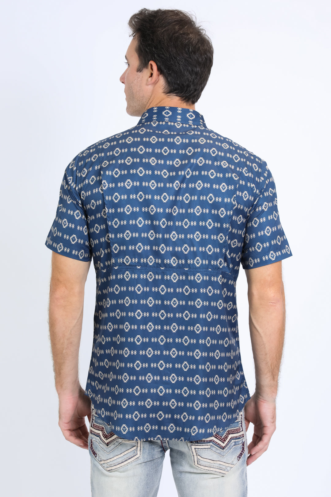 Mens Performance Western Short Sleeve Aztec Print Navy Shirt