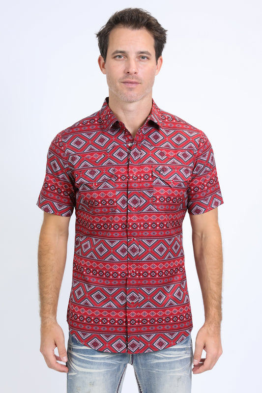 Mens Performance Western Short Sleeve Aztec Print Red Shirt