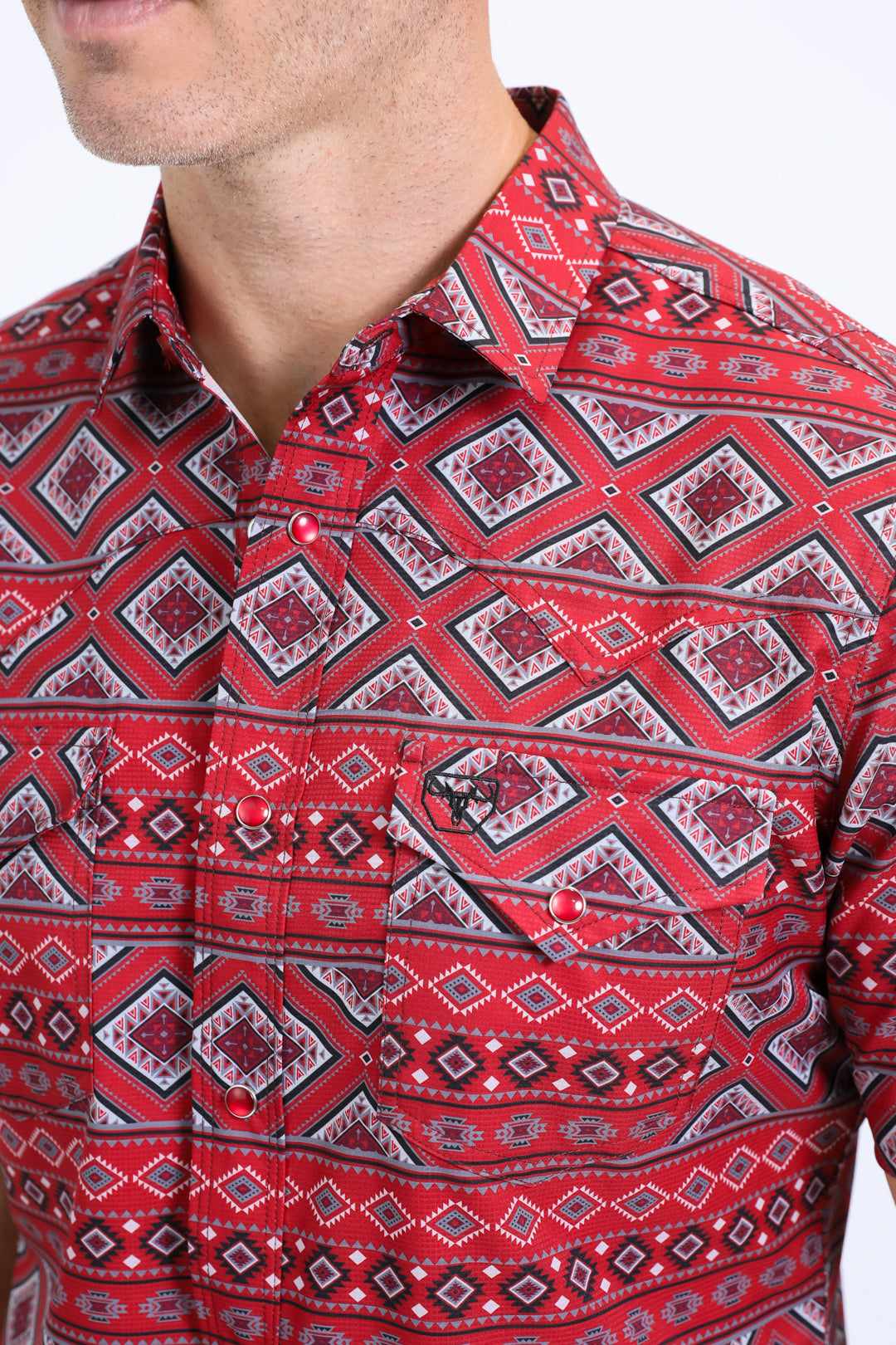 Mens Performance Western Short Sleeve Aztec Print Red Shirt