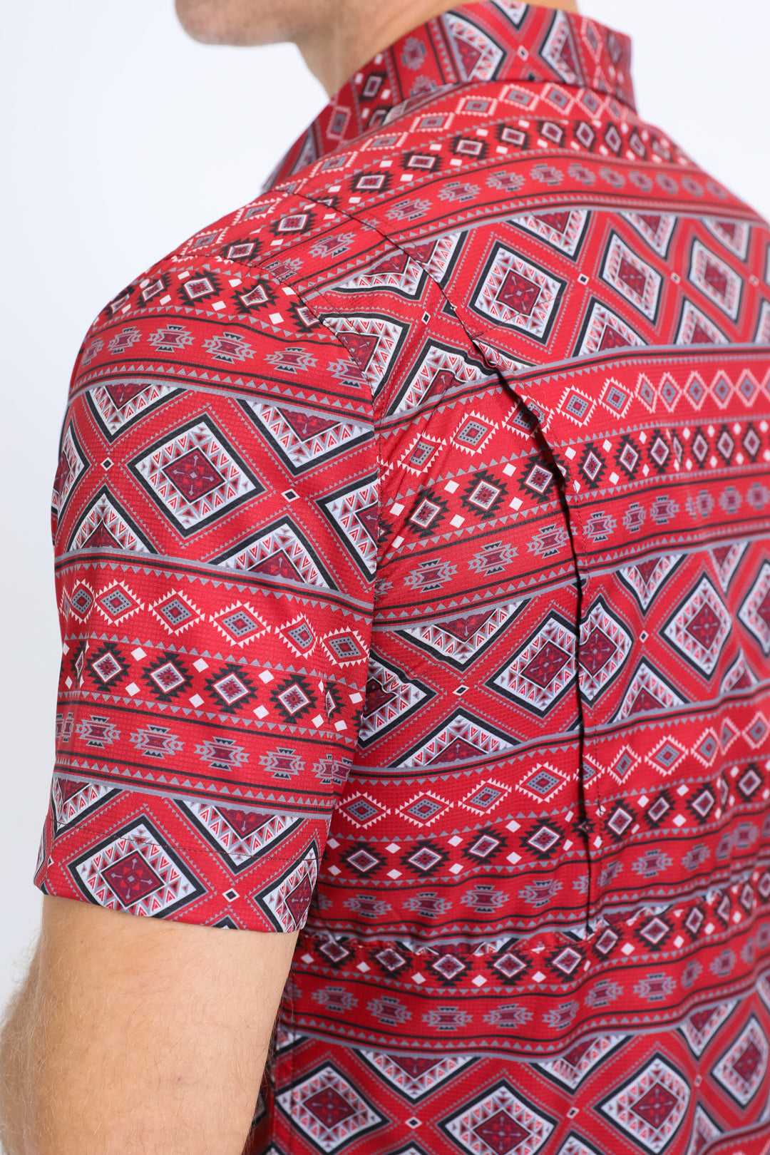 Mens Performance Western Short Sleeve Aztec Print Red Shirt