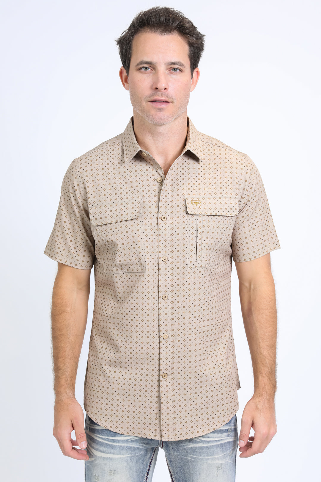 Mens Performance Western Short Sleeve Aztec Print Beige Shirt