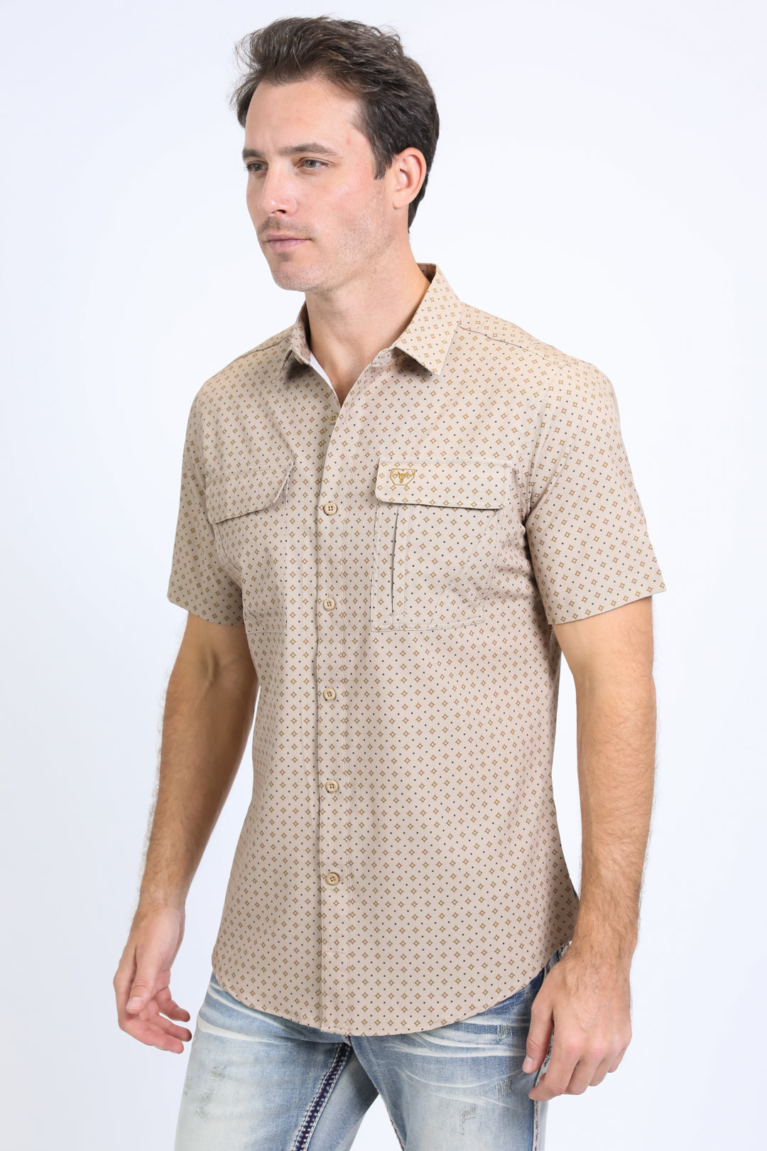 Mens Performance Western Short Sleeve Aztec Print Beige Shirt