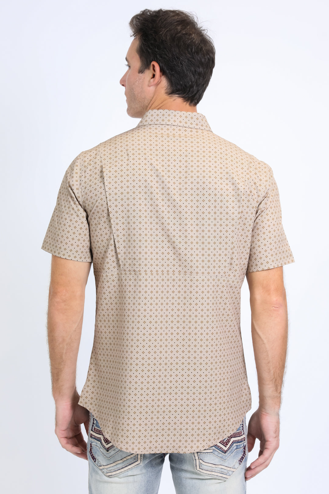 Mens Performance Western Short Sleeve Aztec Print Beige Shirt