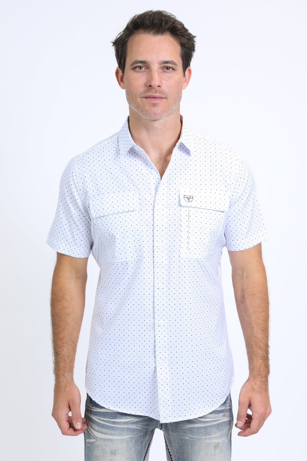 Mens Performance Western Short Sleeve Aztec Print White Shirt