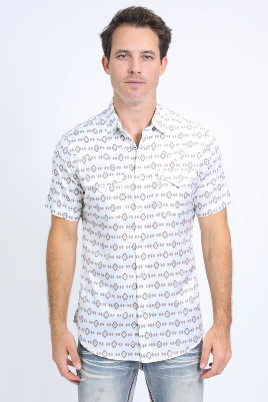 Mens Performance Western Short Sleeve Aztec Print White Shirt