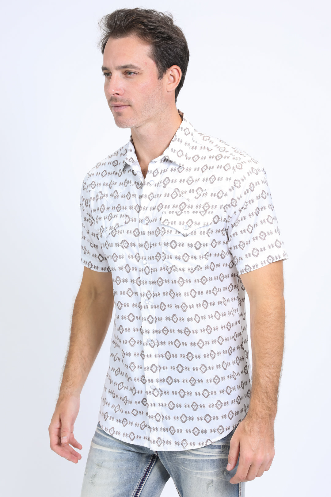 Mens Performance Western Short Sleeve Aztec Print White Shirt