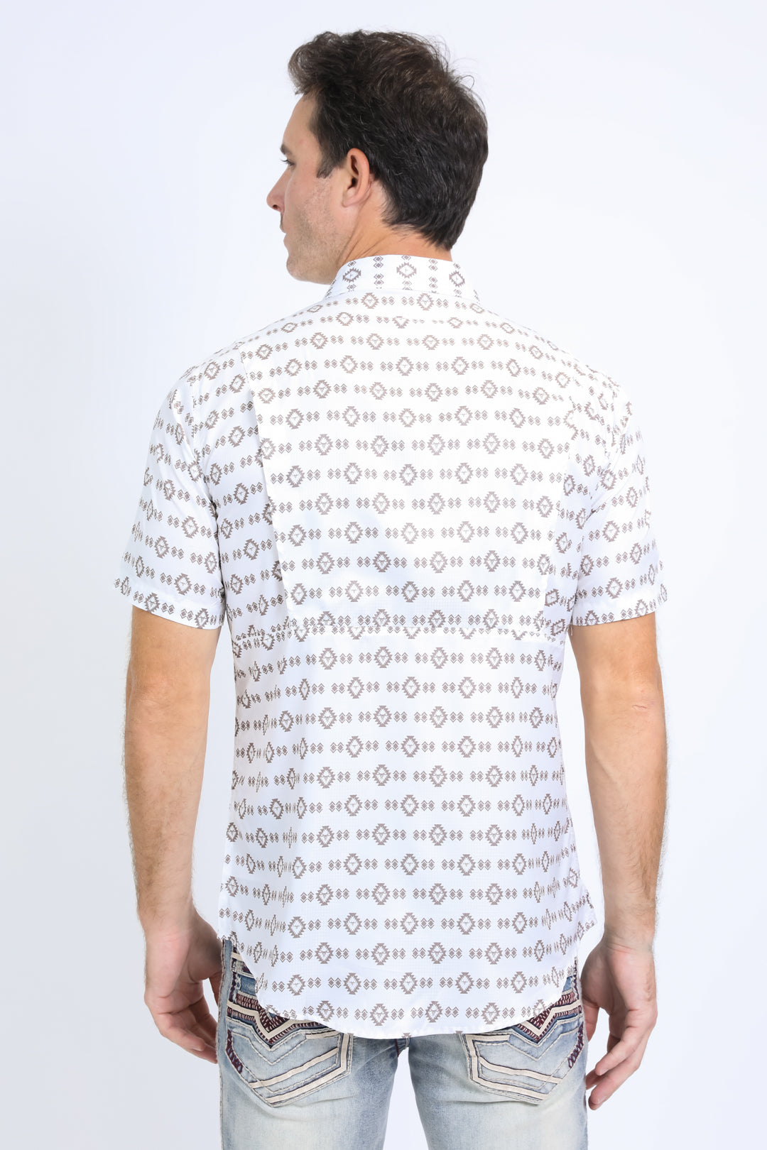 Mens Performance Western Short Sleeve Aztec Print White Shirt